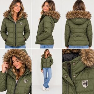 American Eagle Puffer Jacket Women Small Green Faux Fur Hood Quilted Nylon Coat
